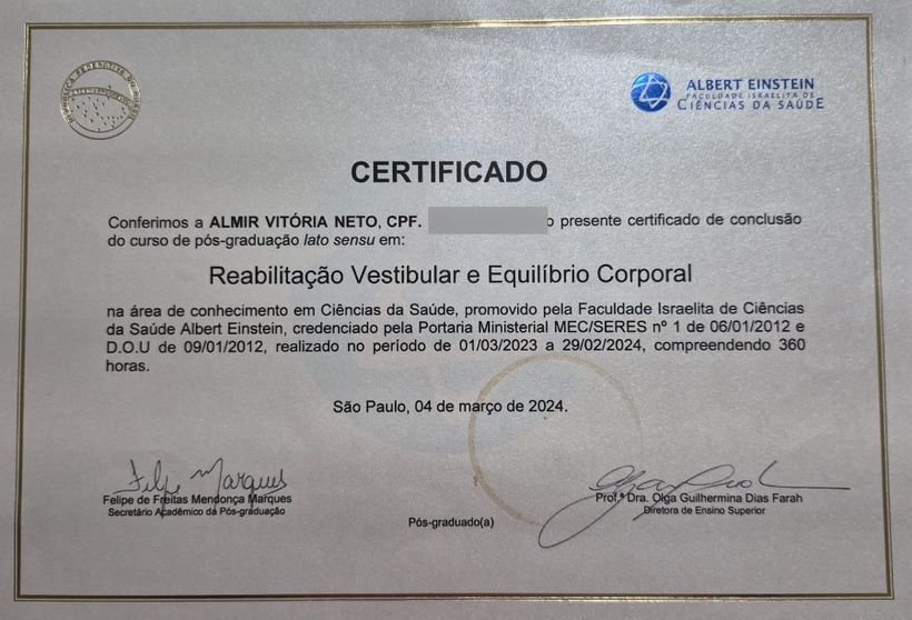 Certificado — Reabilitação Vestibular e Equilíbrio Corporal, Albert Einstein