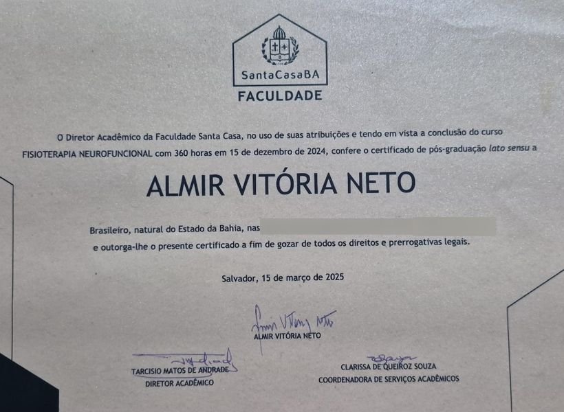 Certificado — Pós-graduação em Fisioterapia Neurofuncional, Faculdade Santa Casa